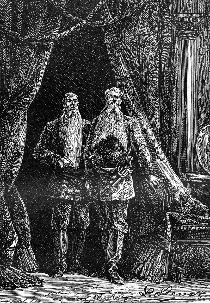 莱昂-贝内特（Leon Benett）根据儒勒-凡尔纳（Jules Verne）的著作《白求恩的五亿》（The 500 million of the Begum）绘制的图画--1879 年版 Hetzel/Extraordinary Voyages。Arminius 和 Sigimer，两个令人印象深刻的大胡子。 作者 里昂·贝内特