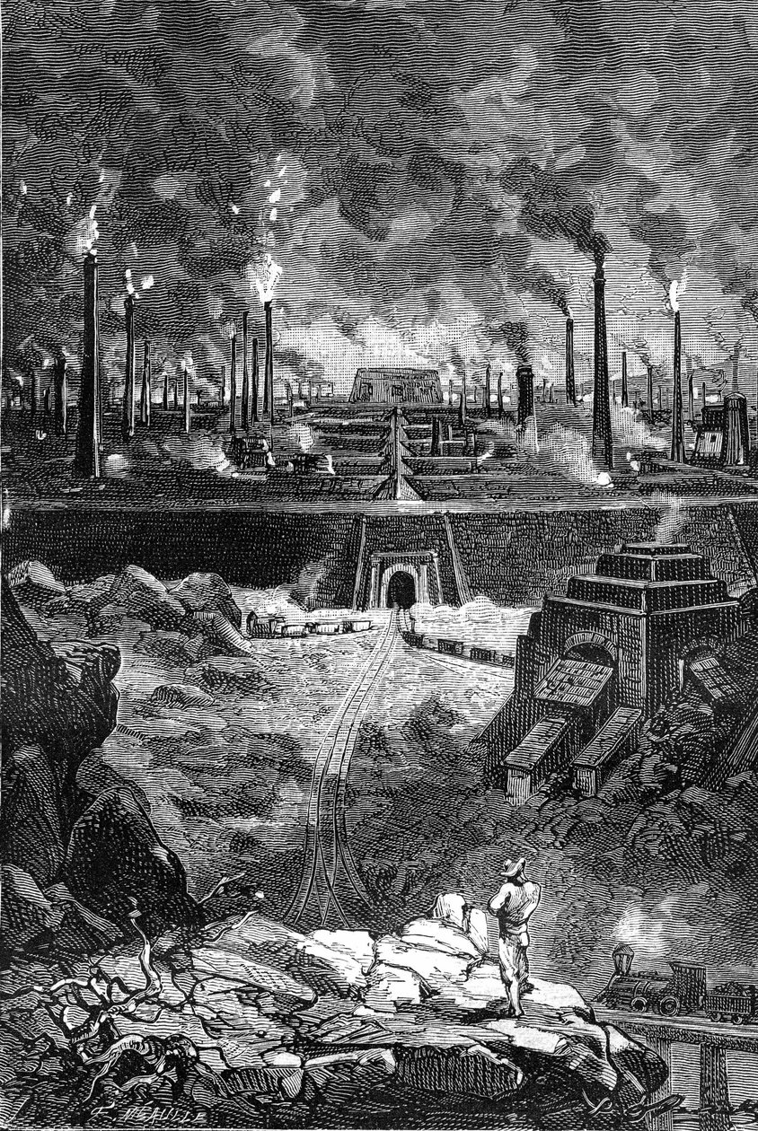 莱昂-贝内特（Leon Benett）根据儒勒-凡尔纳（Jules Verne）的著作《白求恩的五亿》（The 500 million of the Begum）绘制的图画--1879 年版 Hetzel/Extraordinary Voyages。钢铁之城 "的景色，巨大的工厂群（高炉--钢铁铸造厂） 作者 里昂·贝内特