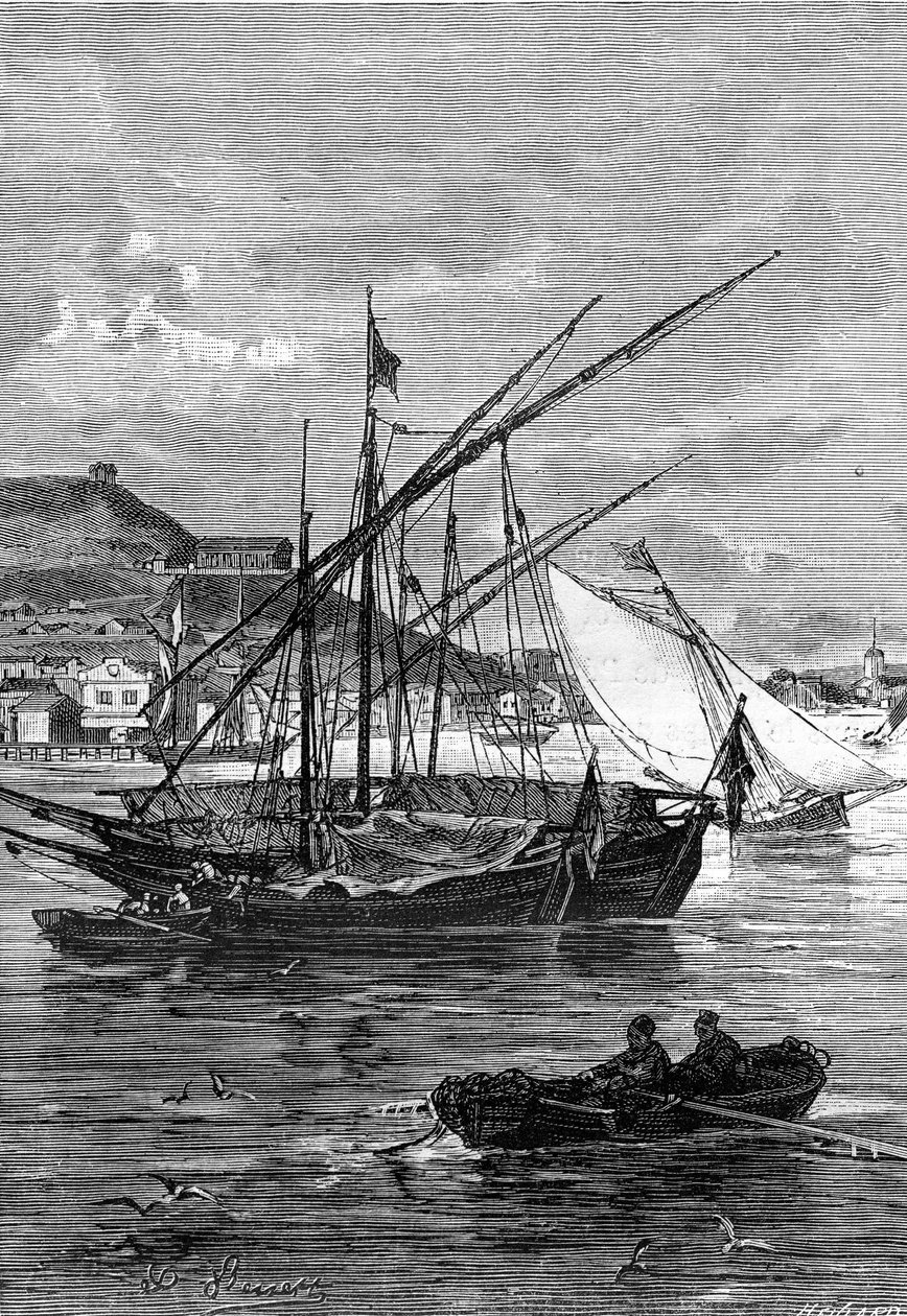 儒勒-凡尔纳的小说《倔强的凯拉班》插图，1883 年 Hetzel 作品集/非凡的航行。莱昂-贝内特（Leon Benett）的绘画：位于黑海和阿佐夫海之间的伊尼卡莱海峡上的凯尔奇港（克里米亚）。 作者 里昂·贝内特