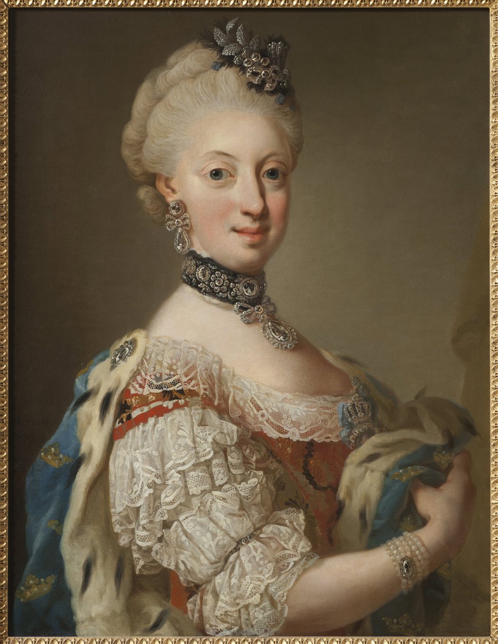 Sophie Madeleine de Danemark, reine de Suede - Portrait of Sophia Magdalena of Denmark (1746-1813), Queen of Sweden, by Pasch, Lorenz, the Younger (1733-1805). Oil on canvas 作者 洛伦斯·帕斯（Lorens the Younger Pasch）