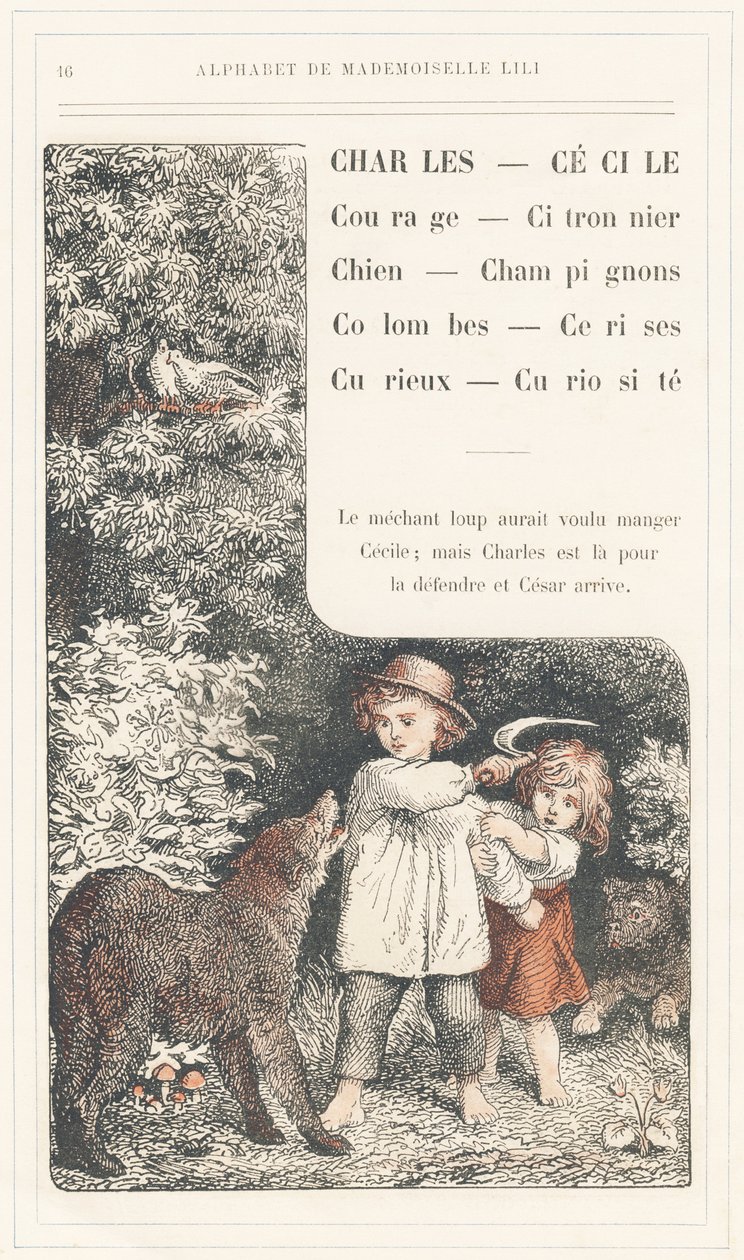 Charles, Cecile, Courage, Lemon tree, Dog, Mushrooms, Doves, Cherries, Curious, Curiosite, page 16 - Alphabet by Mademoiselle Lili, by L. Froelich and by a dad (Hetzel himself).巴黎 J. Hetzel  Cie 图书馆和教育与娱乐杂志社 作者 洛伦兹·弗罗利希