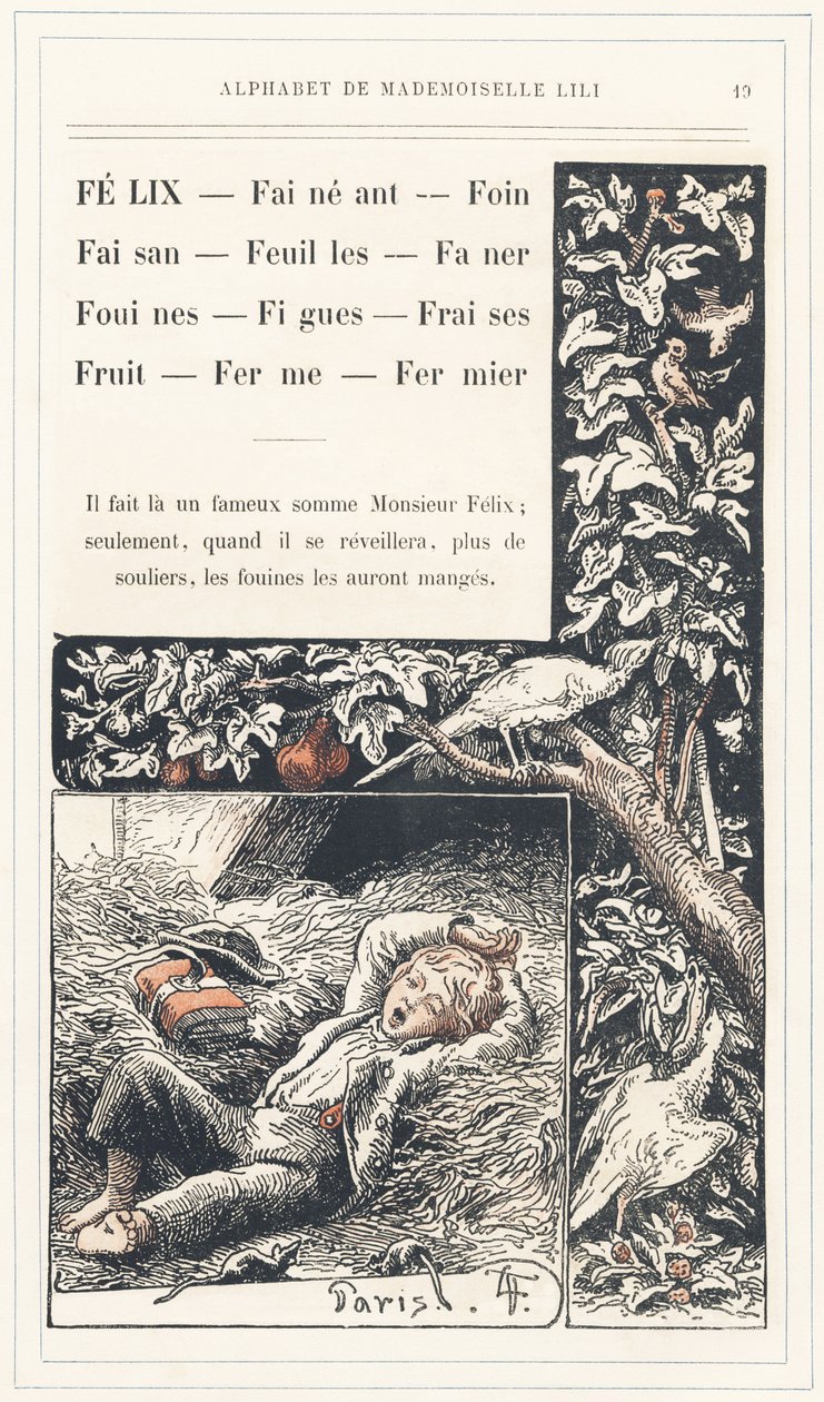Felix、Lay、Hay、Pheasant、Leaves、Faner、Weasels、Figs、Strawberries、Fruit、Farm、Farmer，第 19 页 - Alphabet by Mademoiselle Lili、by L. Froelich and by a father (Hetzel himself)。巴黎 J. Hetzel  Cie 图书馆和教育与娱乐杂志社 作者 洛伦兹·弗罗利希