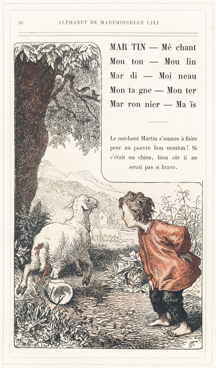 Martin, Mechant, Mouton, Mill, Tuesday, Sparrow, Mountain, Rise, Chestnut, Mais, page 26 - Alphabet by Mademoiselle Lili, by L. Froelich and by a dad (Hetzel himself).巴黎 J. Hetzel  Cie 图书馆和教育与娱乐杂志社 作者 洛伦兹·弗罗利希