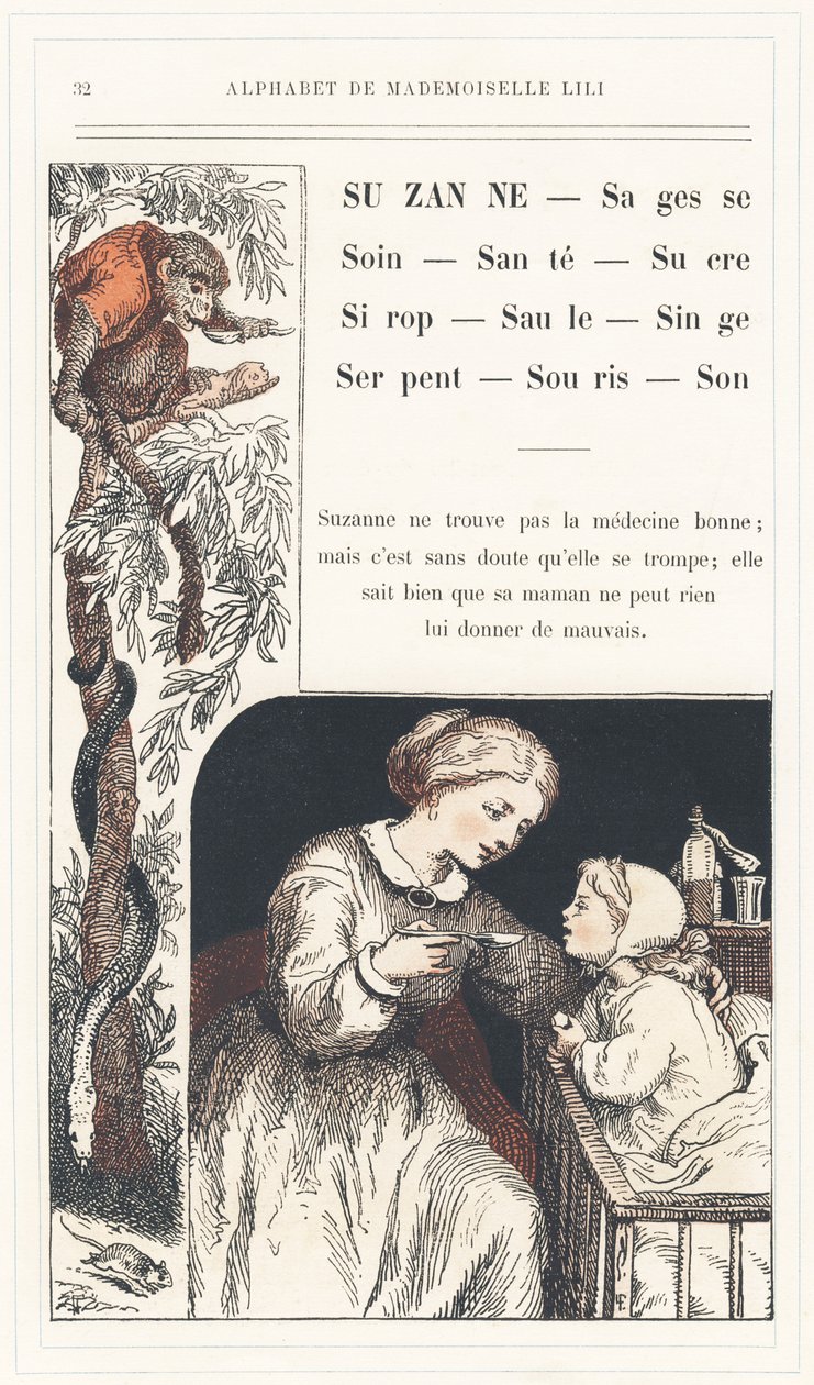 Suzanne, Wisdom, Care, Health, Sugar, Syrup, Willow, Monkey, Snake, Mouse, Sound, page 32 - Alphabet by Mademoiselle Lili, by L. Froelich and by a dad (Hetzel himself).巴黎 J. Hetzel  Cie 图书馆和教育与娱乐杂志社 作者 洛伦兹·弗罗利希
