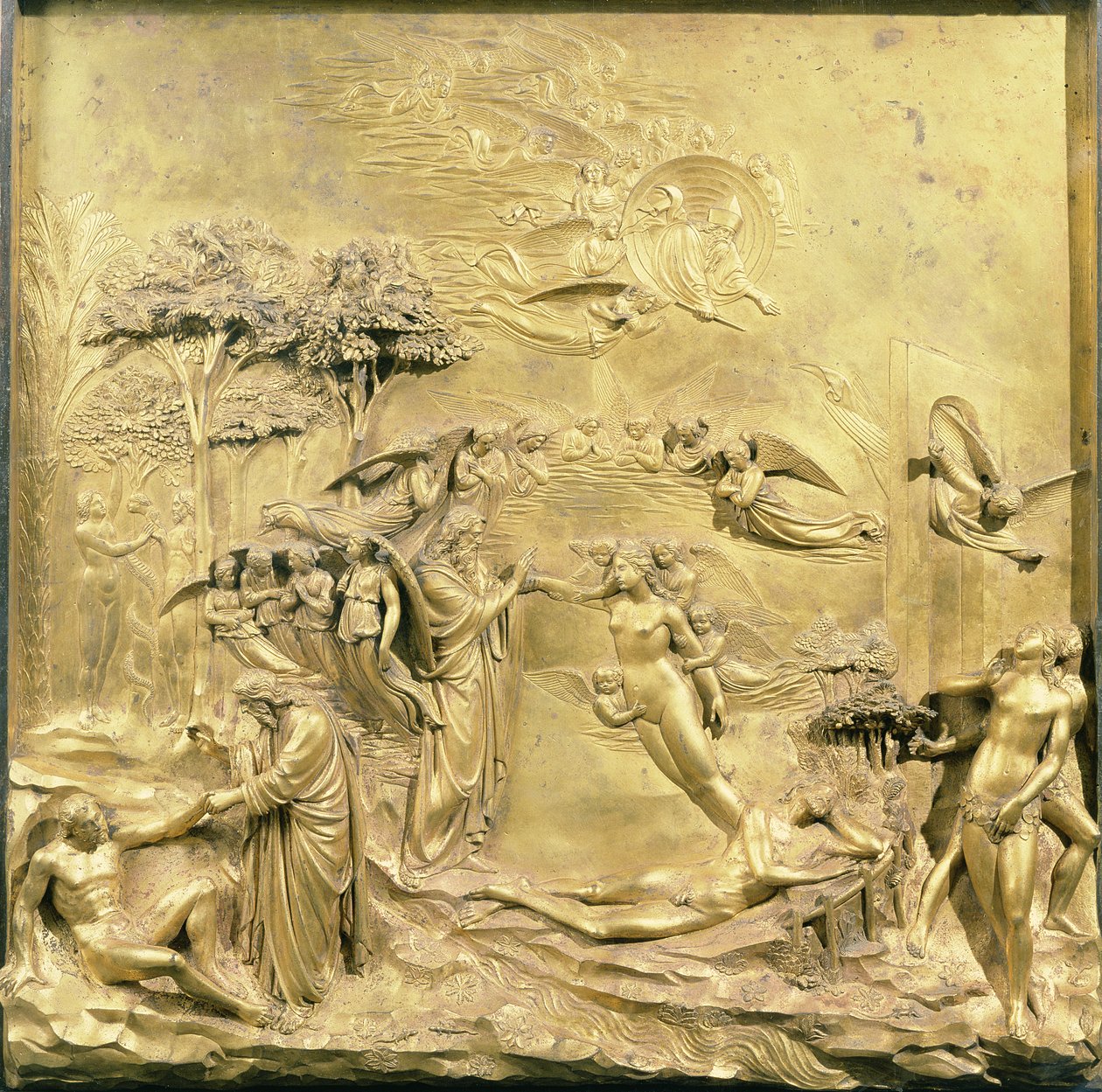 亚当的故事，洗礼堂东门的原始面板之一，1425-52（镀金青铜）（修复后） 作者 洛伦佐·吉贝蒂（Lorenzo Ghiberti）