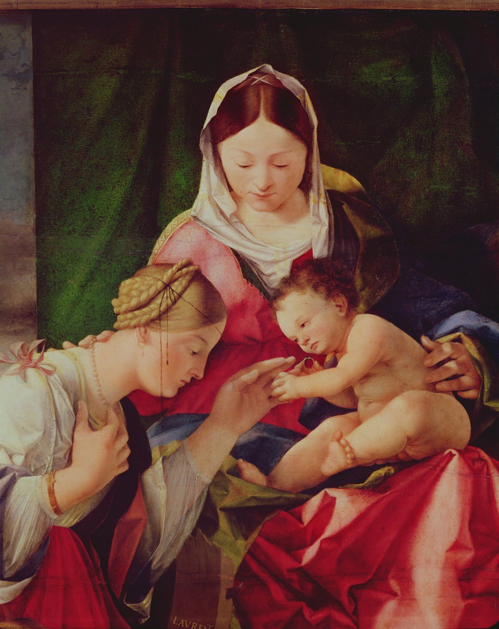圣徒凯瑟琳油神秘的婚姻的细节在盘区的 作者 洛伦佐·乐透（Lorenzo Lotto）