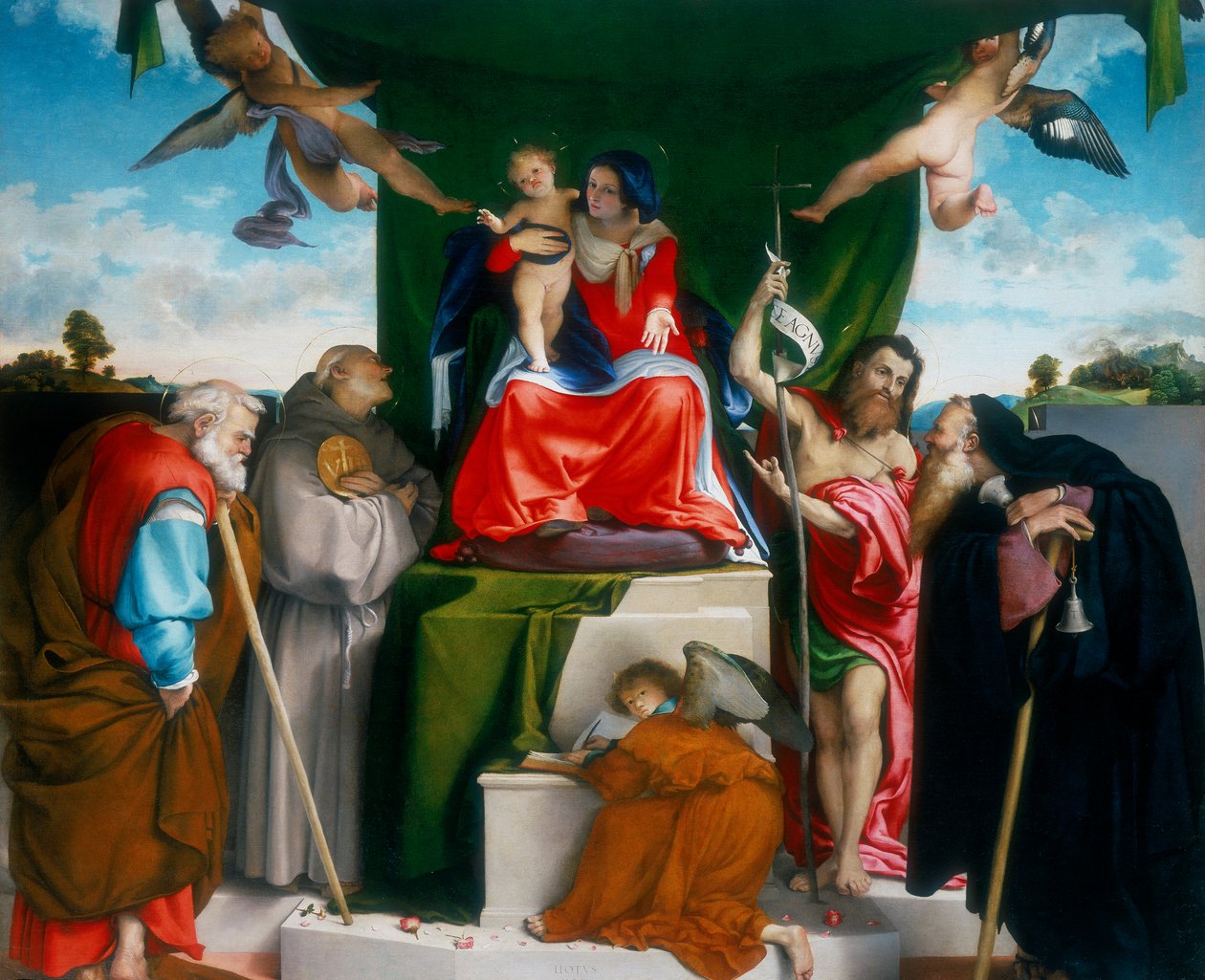 1521年麦当娜和儿童与天使和圣徒一同登基 作者 洛伦佐·乐透（Lorenzo Lotto）
