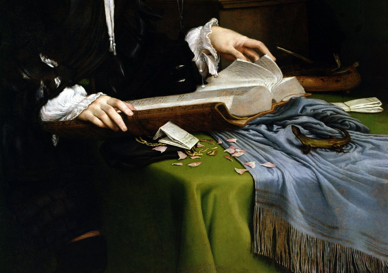 他的研究中的绅士肖像，1528-30（详情）（修复后） 作者 洛伦佐·乐透（Lorenzo Lotto）