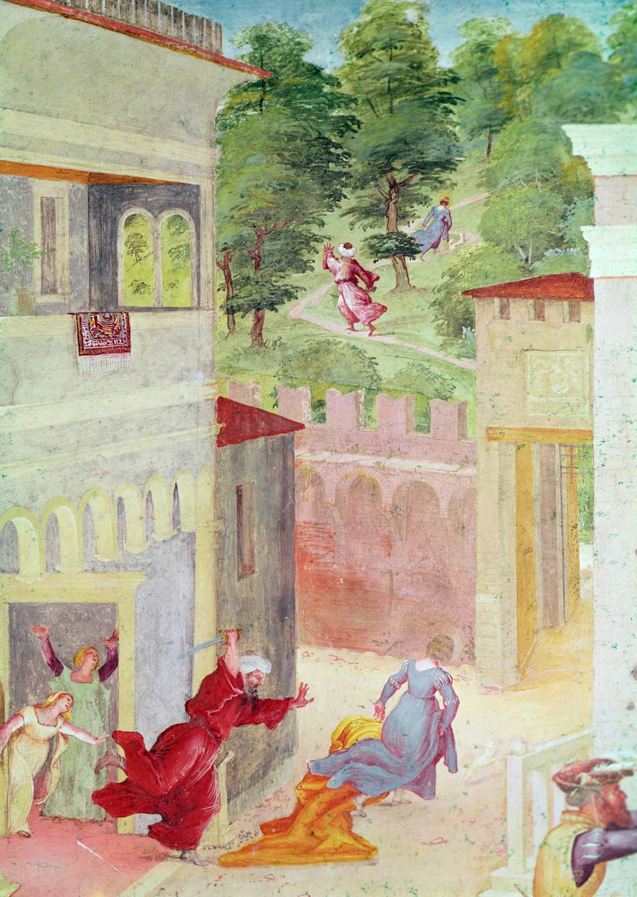 圣巴巴拉生活的场景，圣芭芭拉的细节受到她父亲的威胁，c.1523-24 作者 洛伦佐·乐透（Lorenzo Lotto）