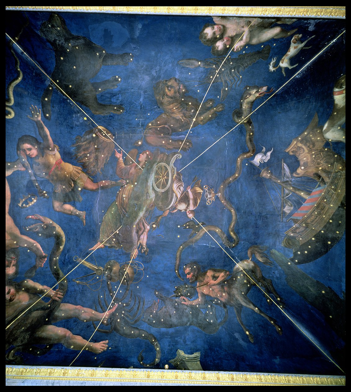 黄道十二宫的标志，细节从Sala dello Zodiaco的天花板，1579年 作者 洛伦佐·科斯塔（Lorenzo Costa）