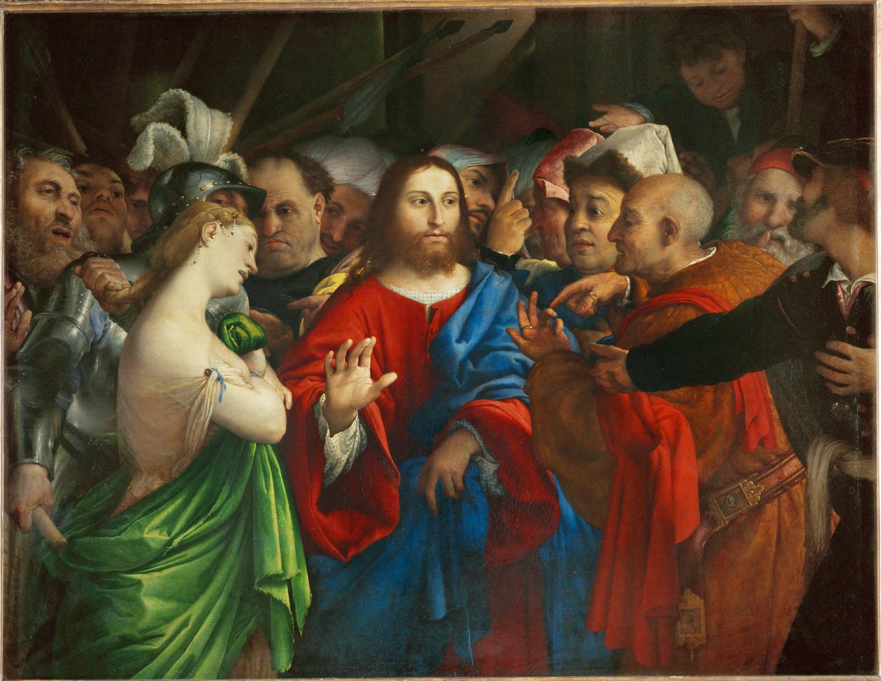 基督与通奸的女人》（Le Christ et la femme adultere - Christ and the adulteress ... 作者 洛伦佐（Lotto 的工作室）