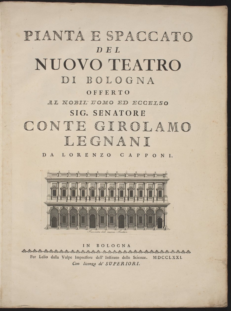 博洛尼亚新剧院的平面图和横截面图 作者 Lorenzo Capponi，在 Antonio Galli Bibiena 之后