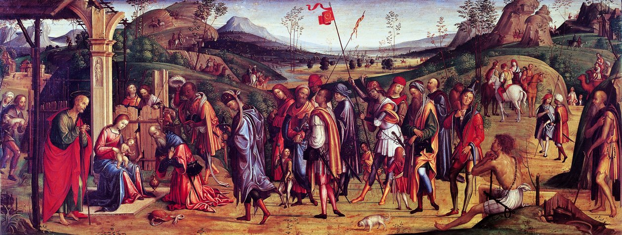 洛伦佐·科斯塔 (Lorenzo Costa)（1460-1535）《东方贤士的崇拜》，布面油画，75x181 厘米 作者 洛伦佐·科斯塔（Lorenzo Costa）