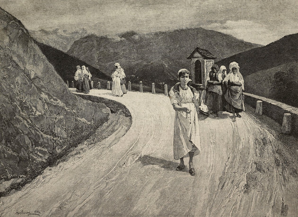 在神圣的道路上，沿着小路行走的女性朝圣者，意大利米兰布雷拉，联合博览会，F Cantagalli 根据 Lorenzo Delleani（1840-1908 年）的画作雕刻，摘自《意大利画报》，第 21 年，第 42 期，10 月 21 日 作者 洛伦佐·德拉尼（Lorenzo Delleani）