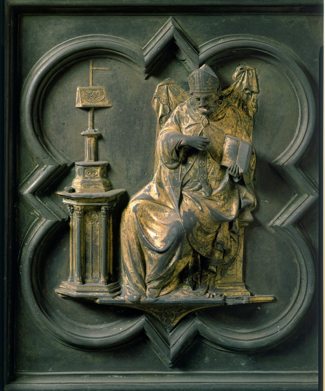 North Gate (called Gate of the Cross, to the North), exterior detail: Saint Augustine. Bronze sculpture made by Lorenzo Ghiberti (1378-1455) 作者 洛伦佐·吉贝蒂（Lorenzo Ghiberti）