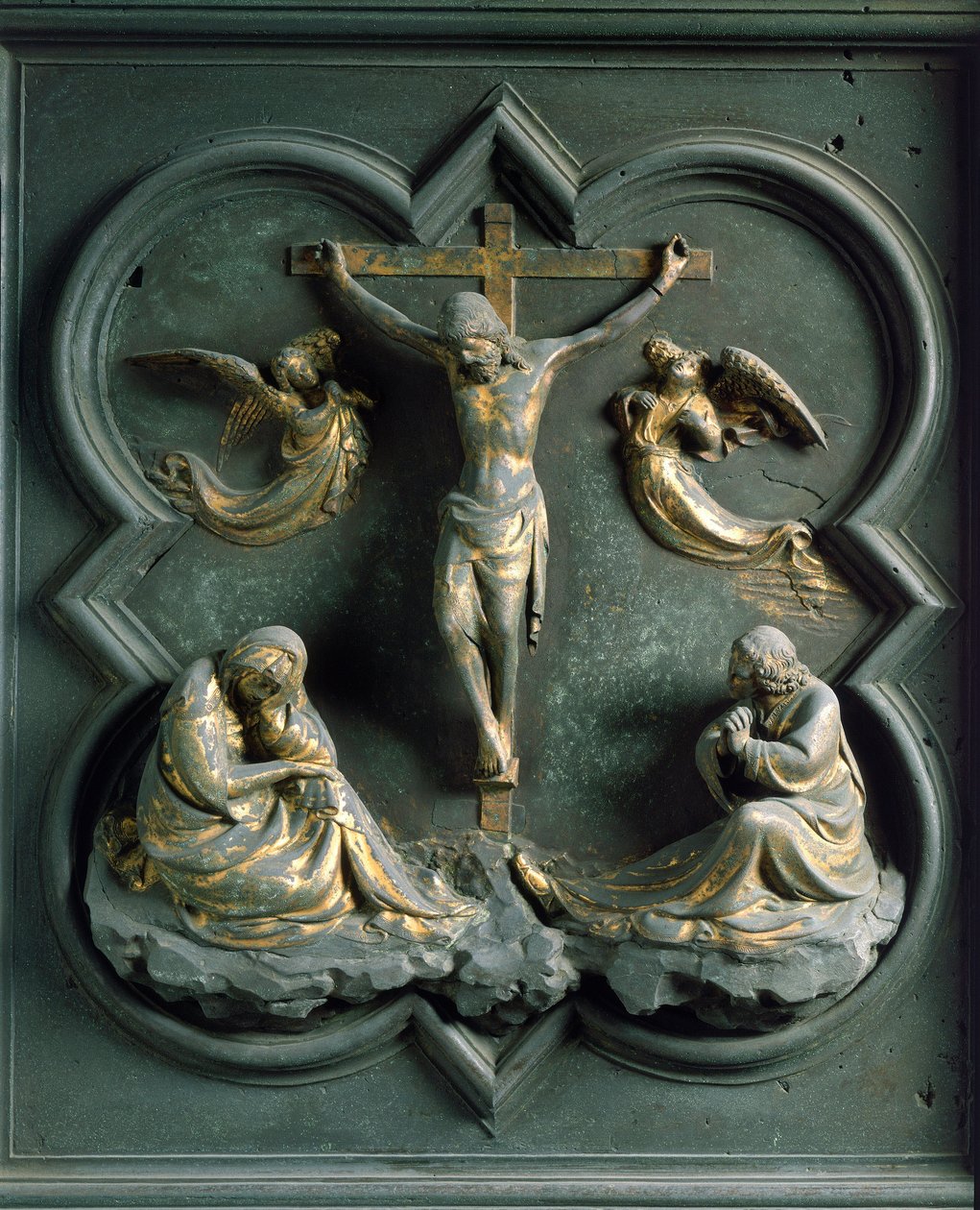 北门（称为十字架之门，在北方），外部细节。洛伦佐-吉贝尔蒂（Lorenzo Ghiberti，1378-1455）制作的青铜雕塑："受难"（the crucifixion）。 作者 洛伦佐·吉贝蒂（Lorenzo Ghiberti）