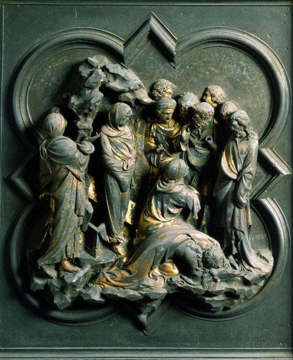 North Porte (called Gate of the Cross, in the North), exterior detail: “” the resurrection of Lazarus””” Bronze sculpture made by Lorenzo Ghiberti (1378-1455) 作者 洛伦佐·吉贝蒂（Lorenzo Ghiberti）