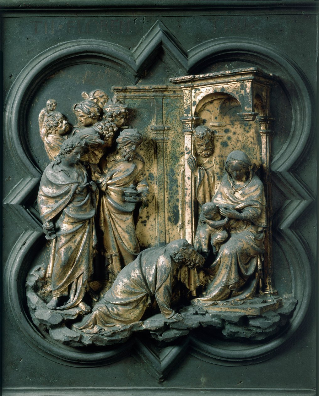 North Porte (called Gate of the Cross, to the North), exterior detail: Adoration of the Magi. Bronze sculpture made by Lorenzo Ghiberti (1378-1455) 作者 洛伦佐·吉贝蒂（Lorenzo Ghiberti）