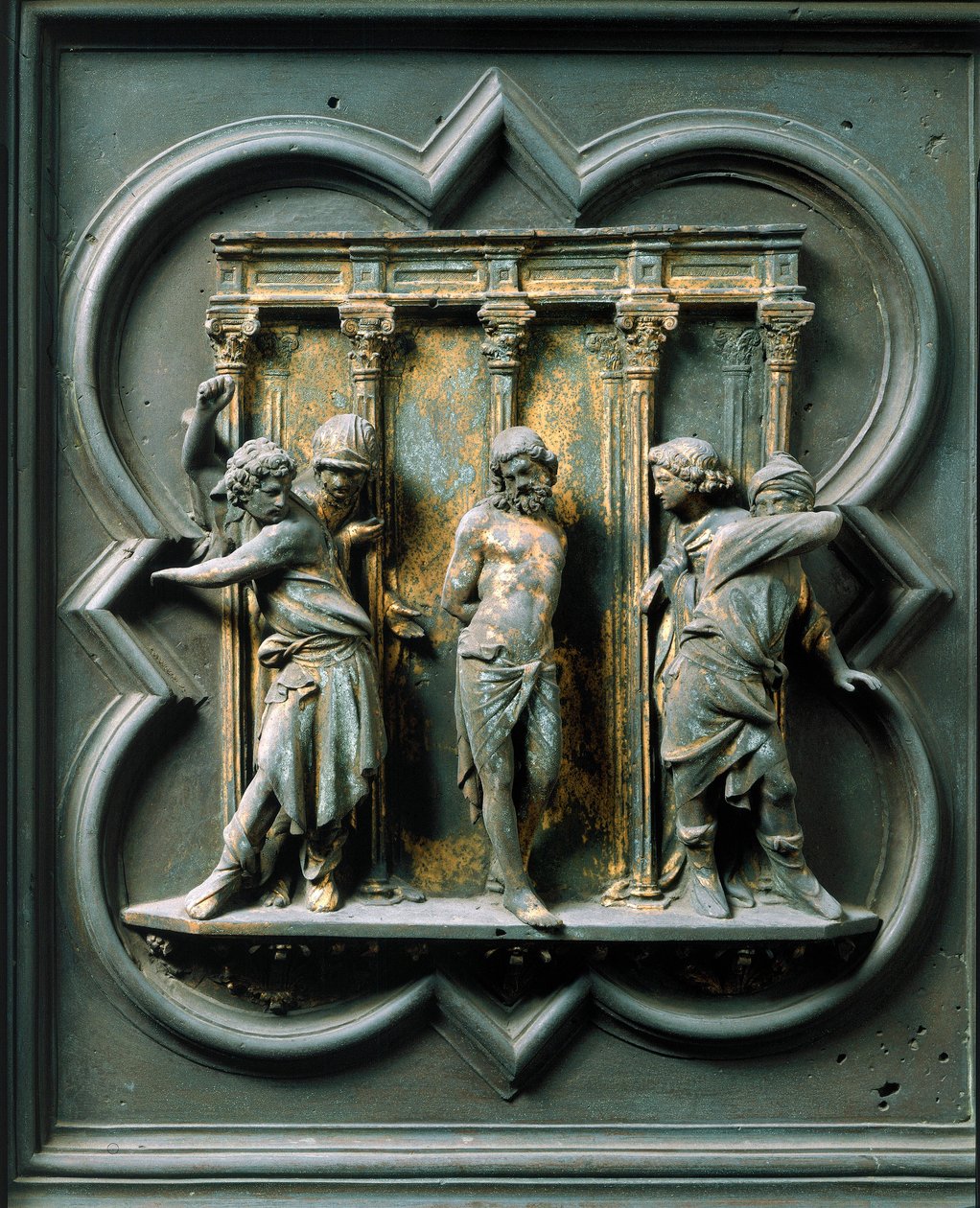 北门（在北方称为克罗伊门），外部细节。洛伦佐-吉贝尔蒂（Lorenzo Ghiberti，1378-1455）的青铜雕塑 "la flagellation"。 作者 洛伦佐·吉贝蒂（Lorenzo Ghiberti）