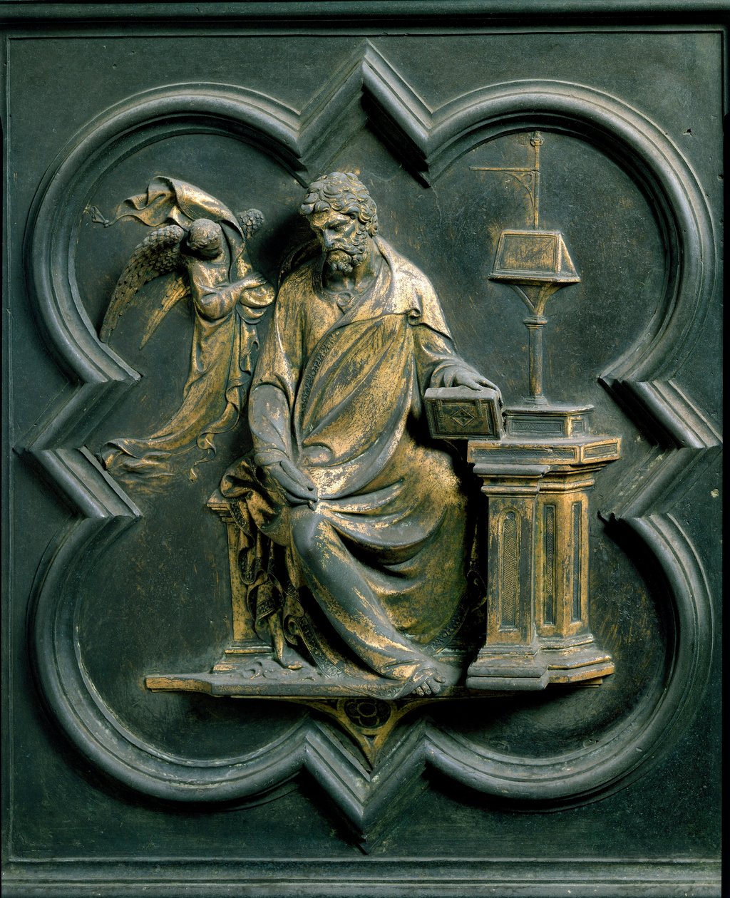 北门（称为Porte de la Croix，向北），外部细节。圣马修（Saint Mathieu）。洛伦佐-吉贝尔蒂（1378-1455）制作的青铜雕塑 作者 洛伦佐·吉贝蒂（Lorenzo Ghiberti）
