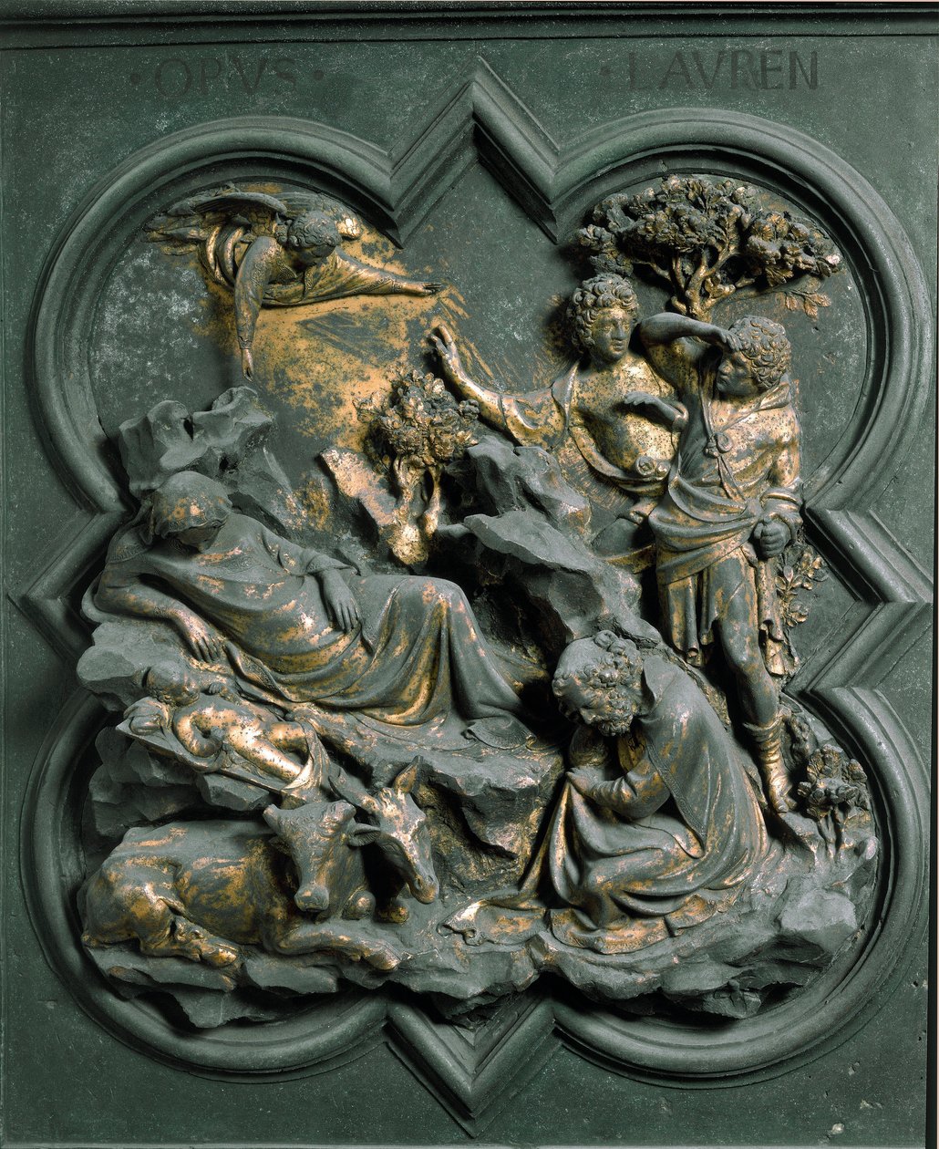 North Porte (called Porte de la Croix, to the North), exterior detail: the Nativite. Bronze sculpture made by Lorenzo Ghiberti (1378-1455) 作者 洛伦佐·吉贝蒂（Lorenzo Ghiberti）