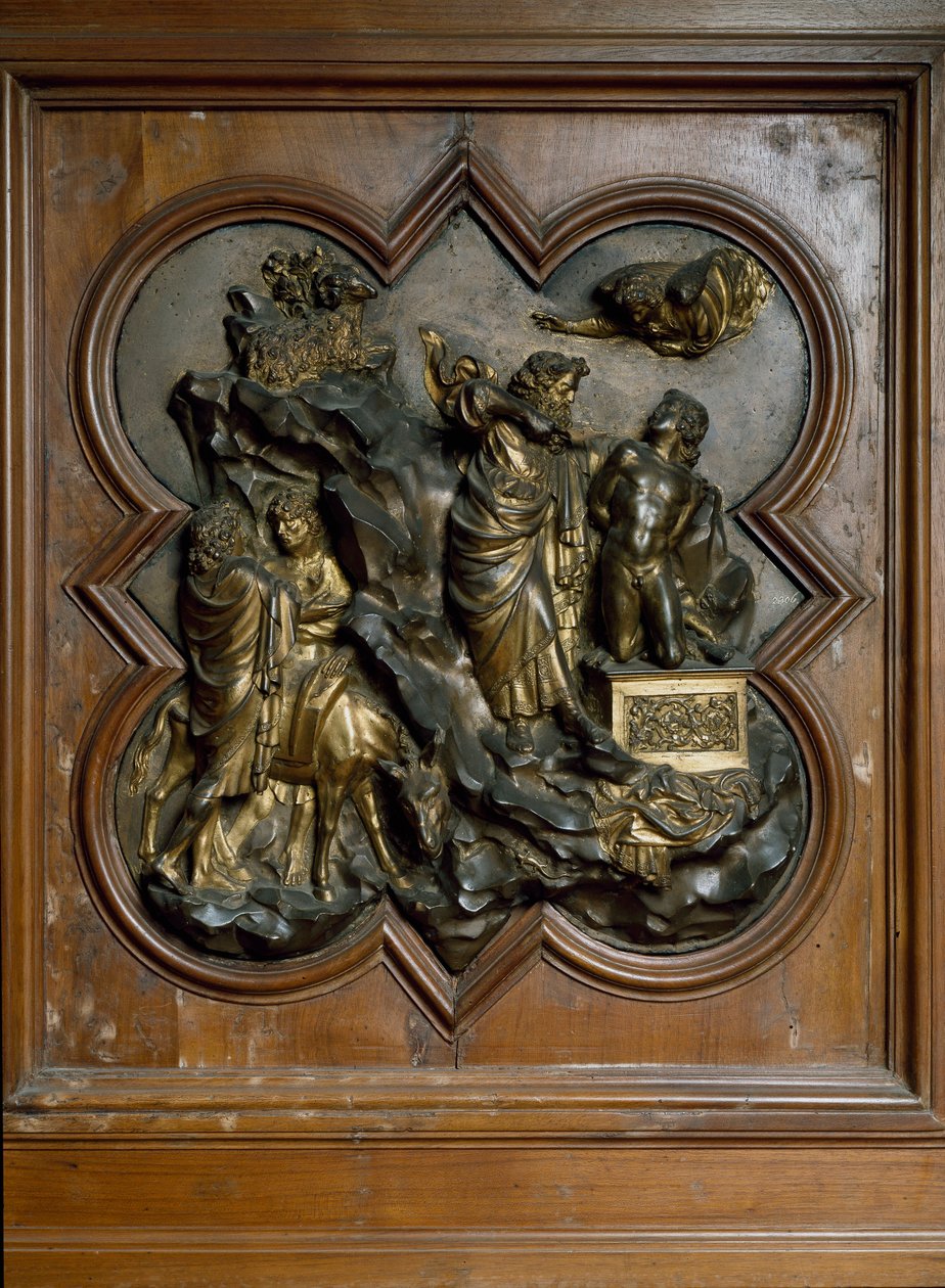 以撒（Isaac Bas）的牺牲镀金了Lorenzo Ghiberti的青铜浮雕 作者 洛伦佐·吉贝蒂（Lorenzo Ghiberti）