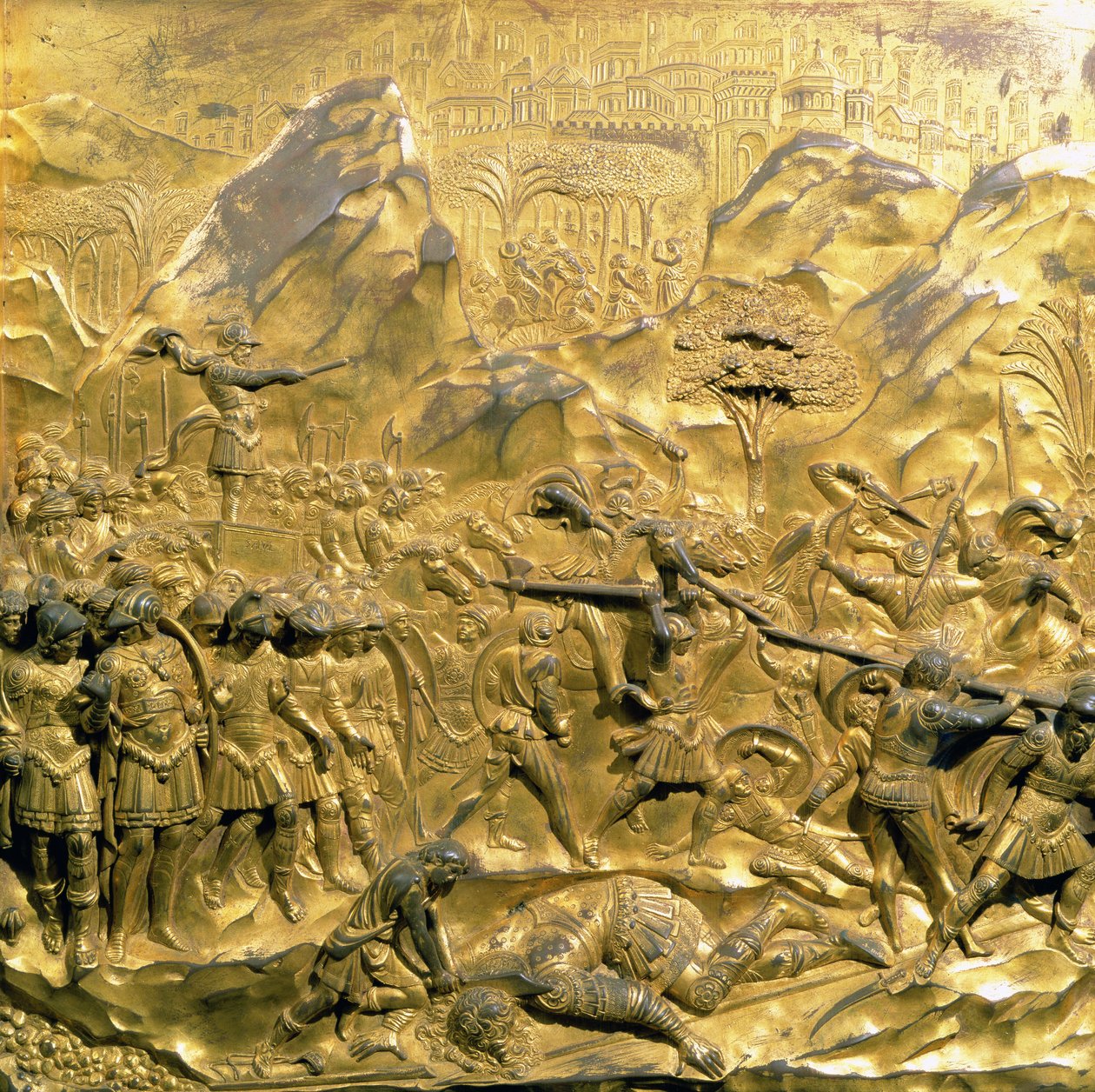 大卫和歌利亚的故事，洗礼堂东门的原始小组，1425-52（镀金青铜）（修复后） 作者 洛伦佐·吉贝蒂（Lorenzo Ghiberti）