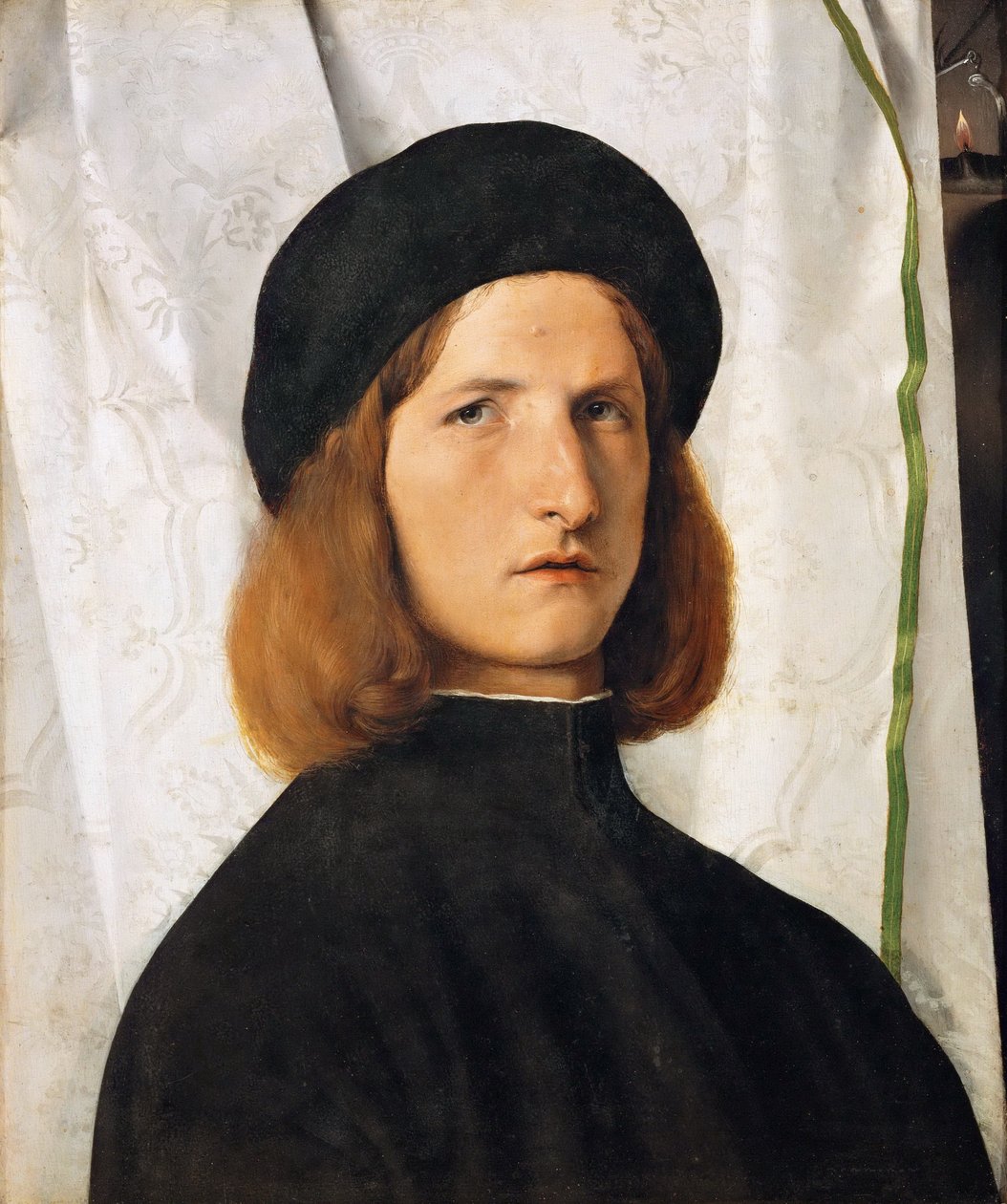 德语: Porträt eines jungen Mannes mit Lampe 一位提灯青年的肖像 作者 洛伦佐·乐透（Lorenzo Lotto）