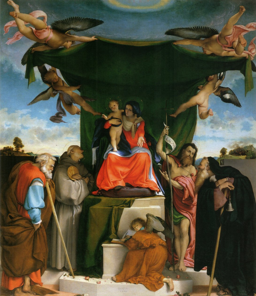 德文：Thronende Madonna, Engel und Heilige Madonna entroned with child, angels, and saints（圣母、天使和圣人的宝座 作者 洛伦佐·乐透（Lorenzo Lotto）