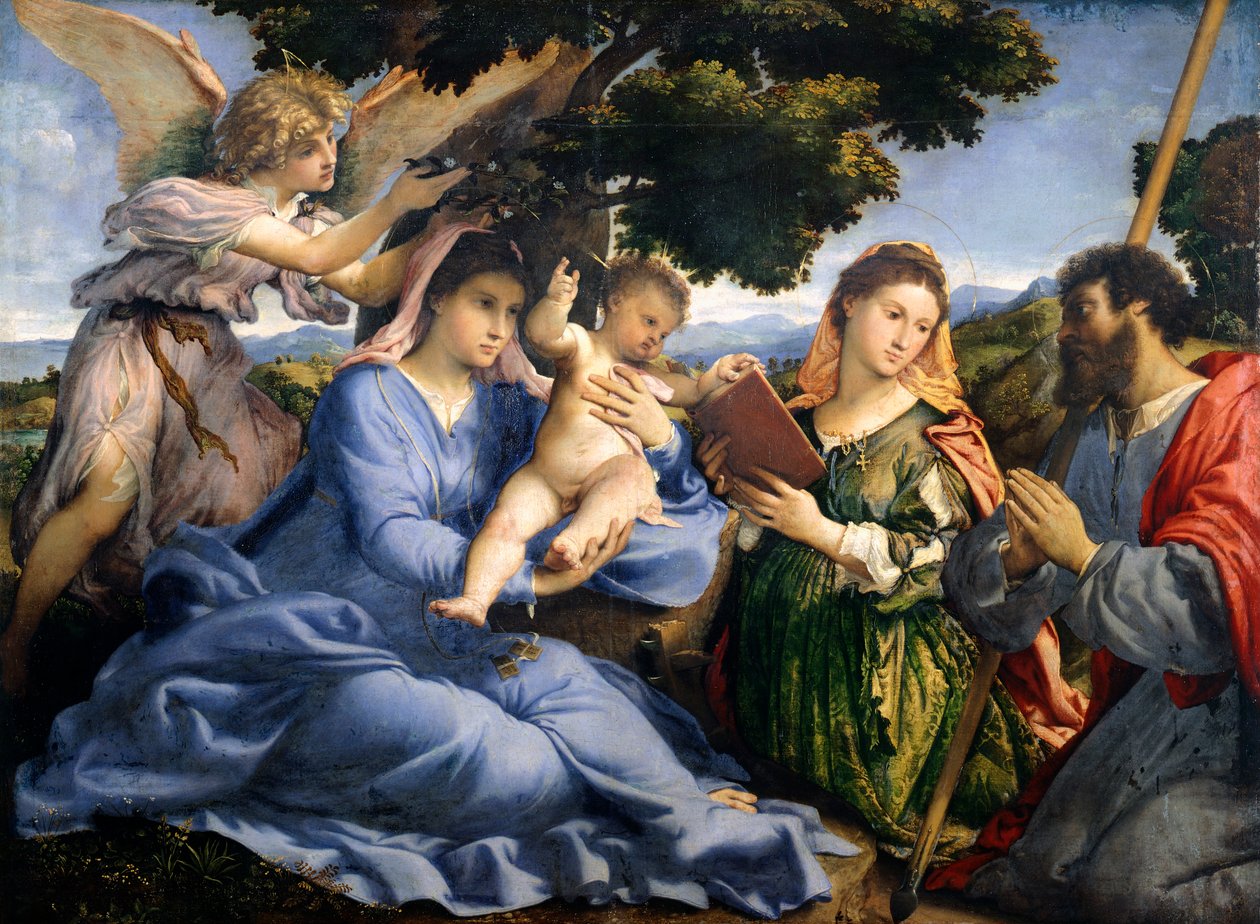 洛伦佐-洛托（Lorenzo Lotto）（1480年-1556年）在亚历山大的凯瑟琳和托马斯圣人之间的圣母和儿童，布面油画。 作者 洛伦佐·乐透（Lorenzo Lotto）