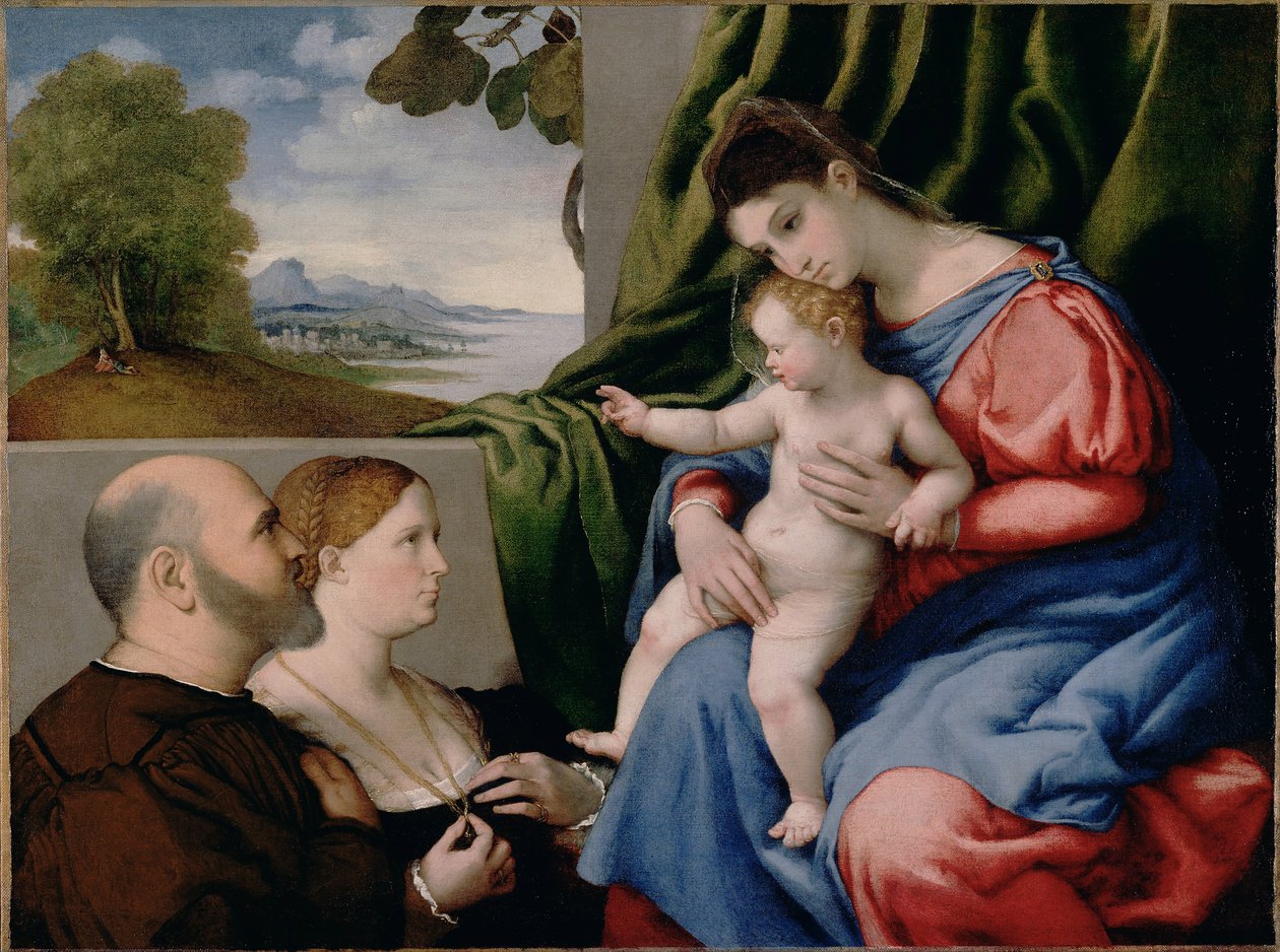 麦当娜带着孩子和两个捐赠者，1525-1530年 作者 洛伦佐·乐透（Lorenzo Lotto）