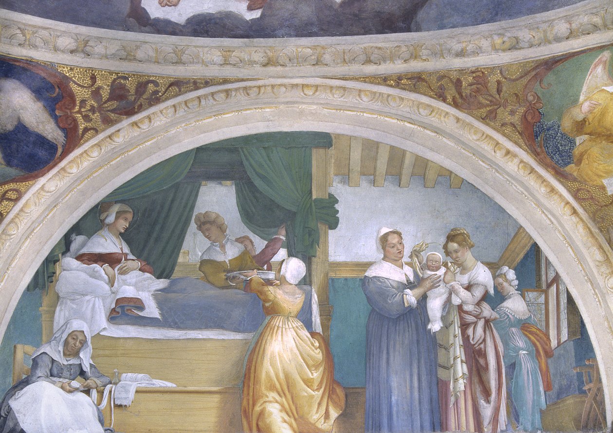 圣母玛利亚的诞生，来自Lotto Chapel的Lunette，1525年 作者 洛伦佐·乐透（Lorenzo Lotto）