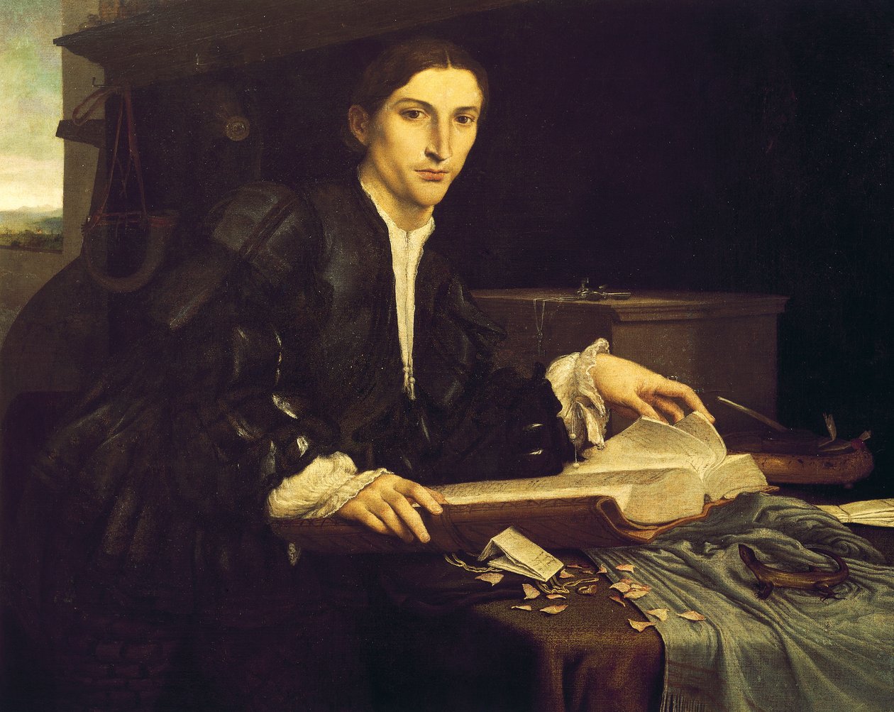 一位年轻绅士在工作室的画像 作者 洛伦佐·乐透（Lorenzo Lotto）