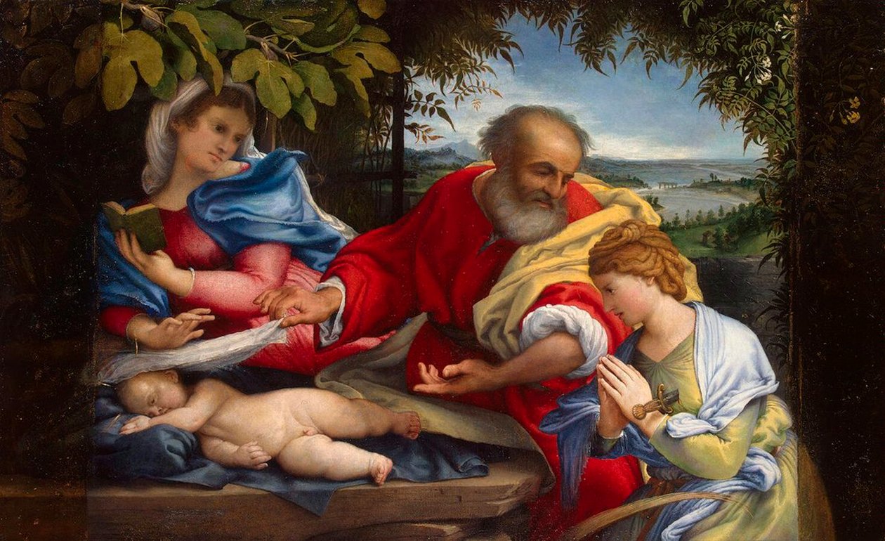与圣贾斯蒂娜一起逃往埃及的休息》，1529年。 作者 洛伦佐·乐透（Lorenzo Lotto）