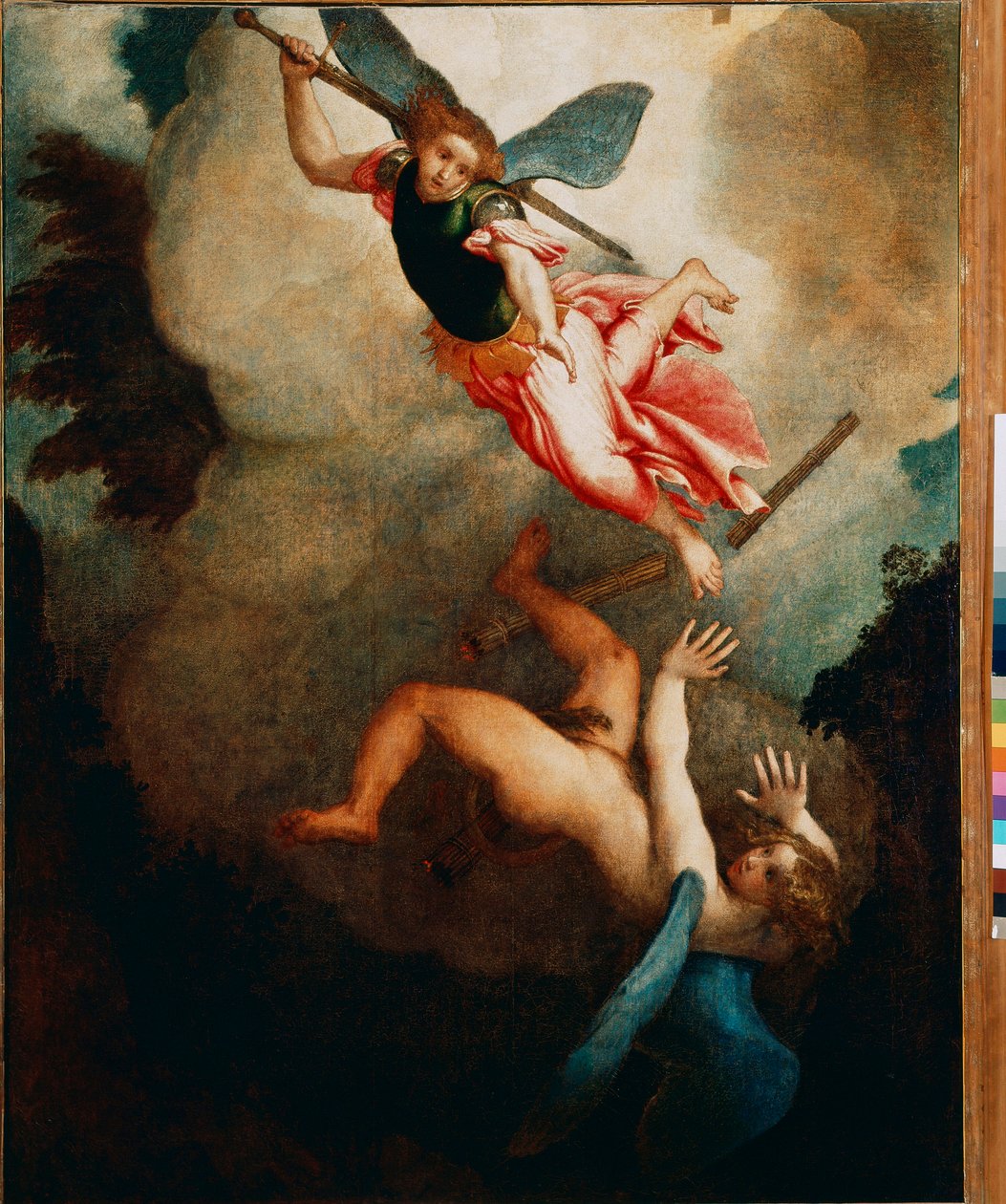Saint Michael Hunting Lucifer Painting by Lorenzo Lotto (1480-1556) 1551-1555 Sun. 167x135 cm Loreto, Palazzo Apostolico 作者 洛伦佐·乐透（Lorenzo Lotto）