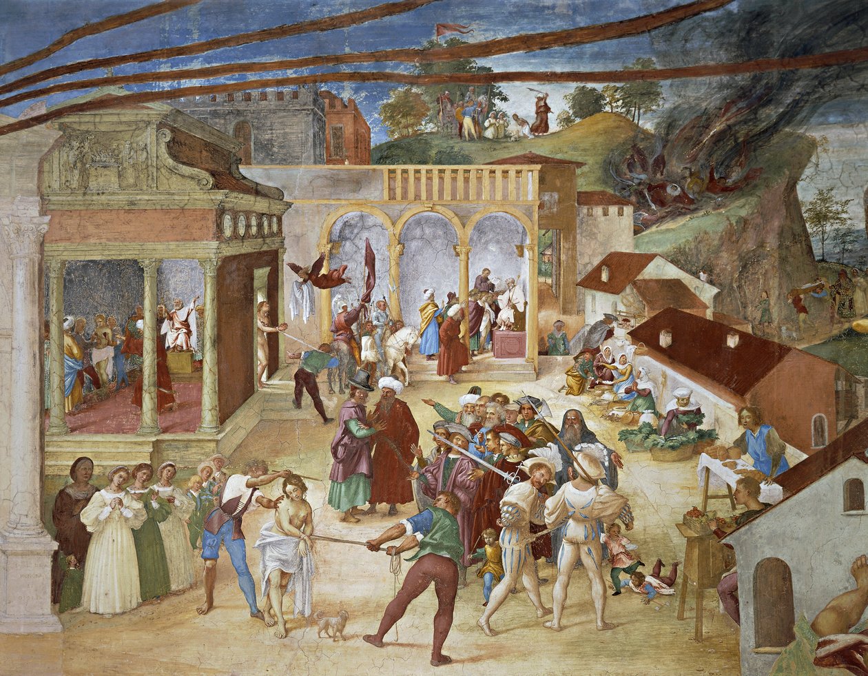 圣芭芭拉被领着穿过城市街道，洛伦佐-洛托（Lorenzo Lotto，约 1480-1556 年）的《基督-藤蔓和圣芭芭拉的传说》壁画细节，苏阿尔迪别墅，苏阿尔迪城堡，特雷斯科巴尔内里奥 作者 洛伦佐·乐透（Lorenzo Lotto）