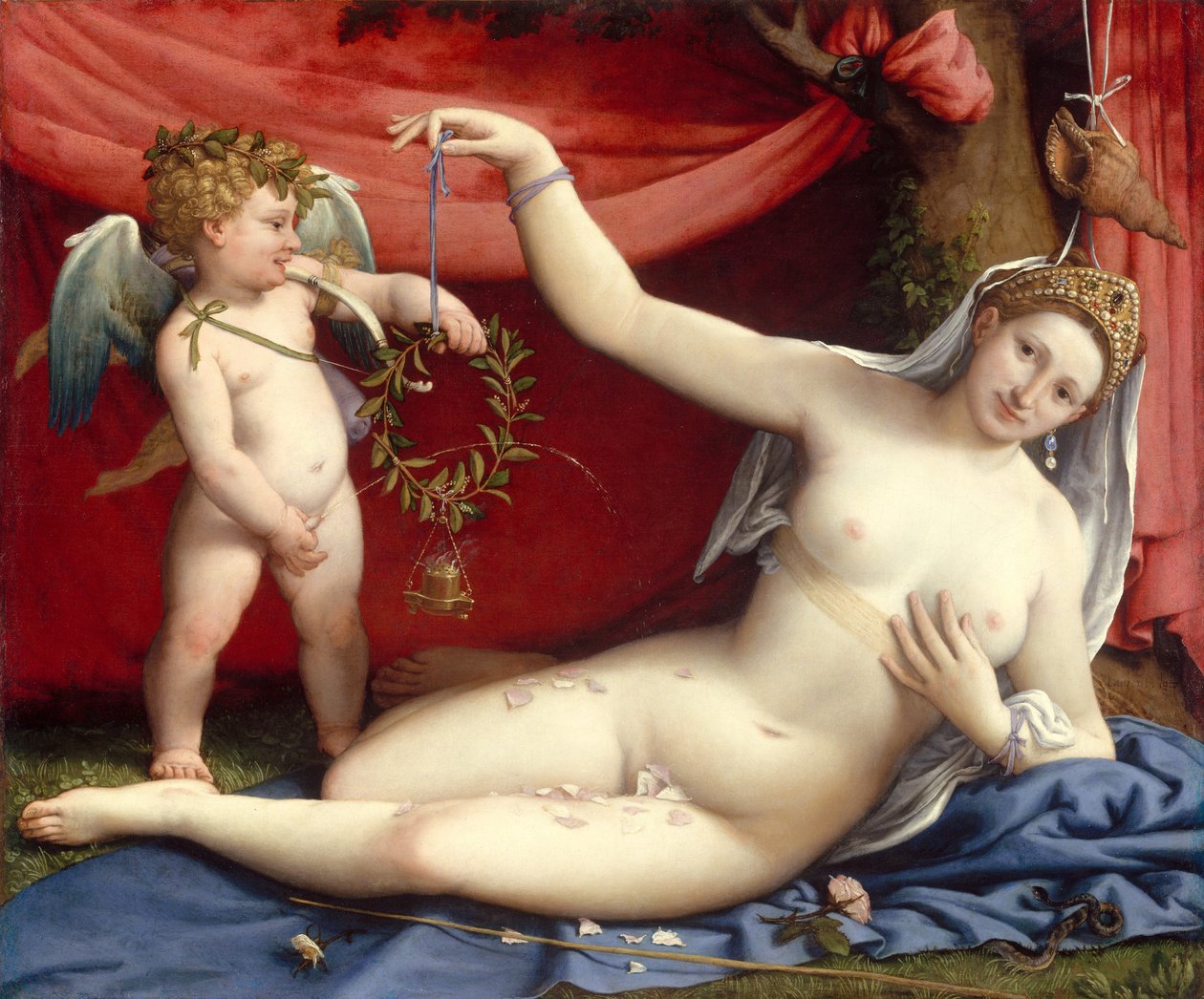 金星和丘比特，约1525年（布面油画） 作者 洛伦佐·乐透（Lorenzo Lotto）