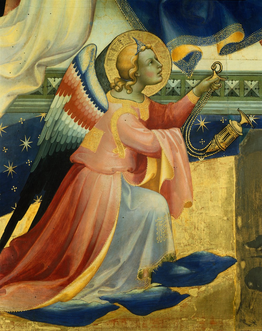 跪着的天使，洛伦佐·摩纳哥（Lorenzo Monaco，约 1370-1425 年）《圣母加冕》中央画板的细节，画板蛋彩画和金色，506x447，5 厘米 作者 洛伦佐·摩纳哥