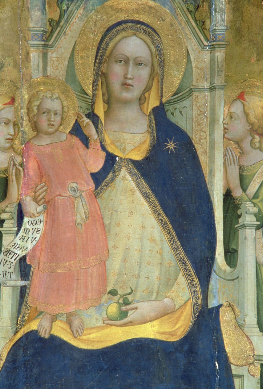 麦当娜和孩子与圣徒一起登场，详细展示了麦当娜和孩子，多联画，1413年 作者 洛伦佐·摩纳哥