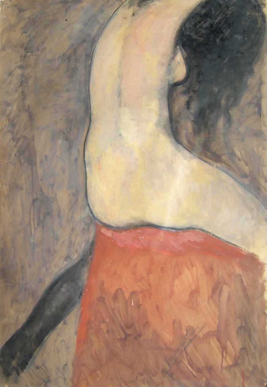 从背面看裸体人物，约 1910-12 年（纸板油画） 作者 洛伦佐·维安妮（Lorenzo Viani）