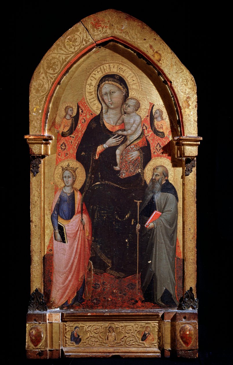 圣母子与亚历山大的圣凯瑟琳、圣安东尼大帝和天使的画作 Bicci di Lorenzo (1373-1452) 1415年 大约 Dim 90,4x43,5 cm Assisi, Museo del Tesoro della Basilica di San Francesco. 作者 洛伦佐·迪比奇