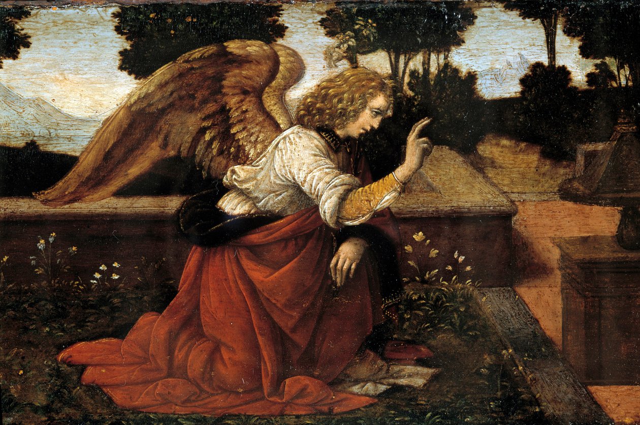 Lorenzo di Credi（1458-1537）15 世纪太阳报的“天使报喜”细节。 0,16x0,6 m（大天使加百列）。 - Gabriel - 天使报喜的细节。 Lorenzo di Credi (1458-1537) 的绘画 作者 洛伦佐·迪·克雷迪