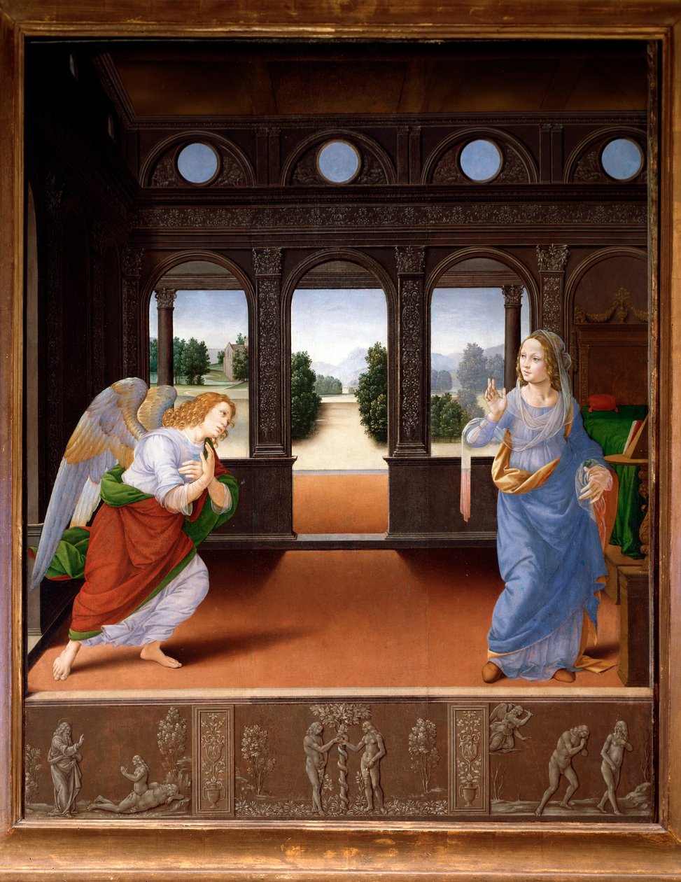The Annunciation, and story of Adam and Eve - Oil on canvas, c.1480 作者 洛伦佐·迪·克雷迪