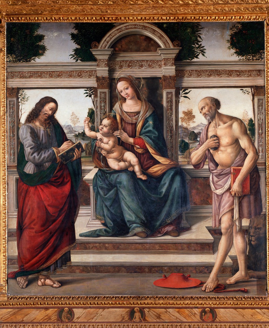 圣母与孩子和两位圣人，圣马太和圣杰罗姆 洛伦佐·迪·克雷迪（Lorenzo di Credi，1459-1537 年）的绘画，佛罗伦萨，意大利圣斯皮里托教堂 作者 洛伦佐·迪·克雷迪