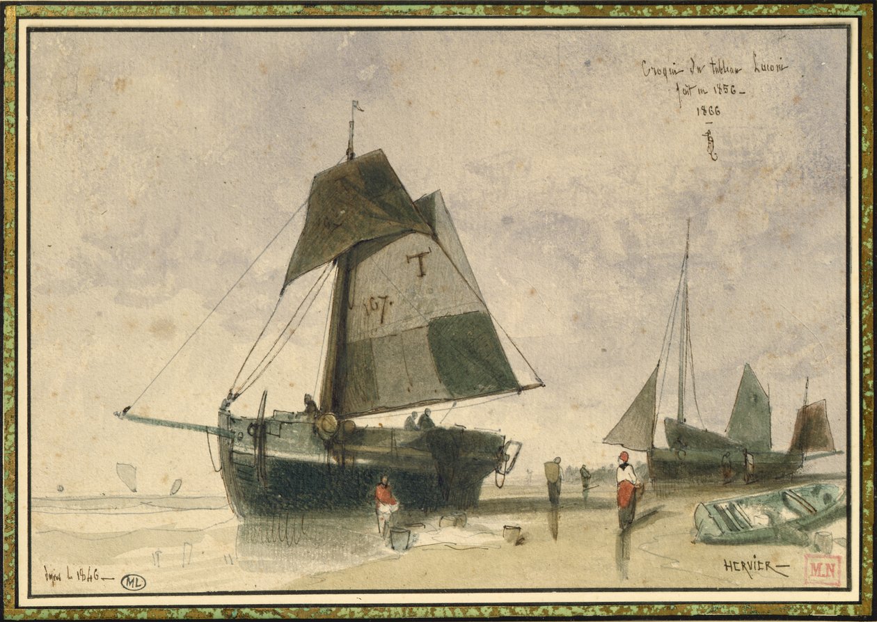 两艘渔船，1856年（钢笔和墨水在纸上） 作者 路易斯·阿道夫·赫尔维尔