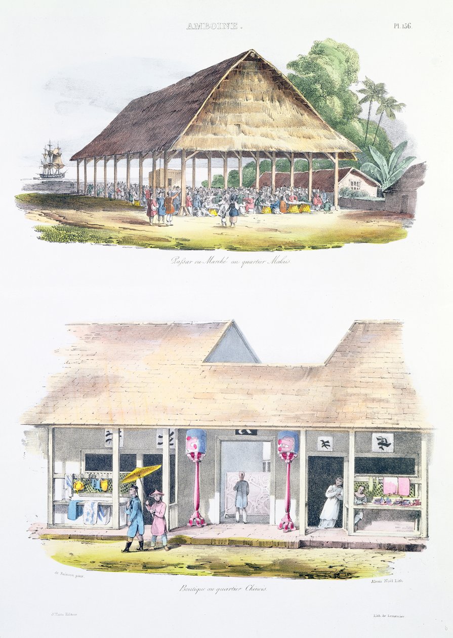 马来西亚地区的集市或市场，以及中国地区的商店，来自&39;Voyage de l&39;Astrolabe&39;，由Alexis Nicolas Noel（1792-1871）雕刻 作者 路易·奥古斯特·德·塞森