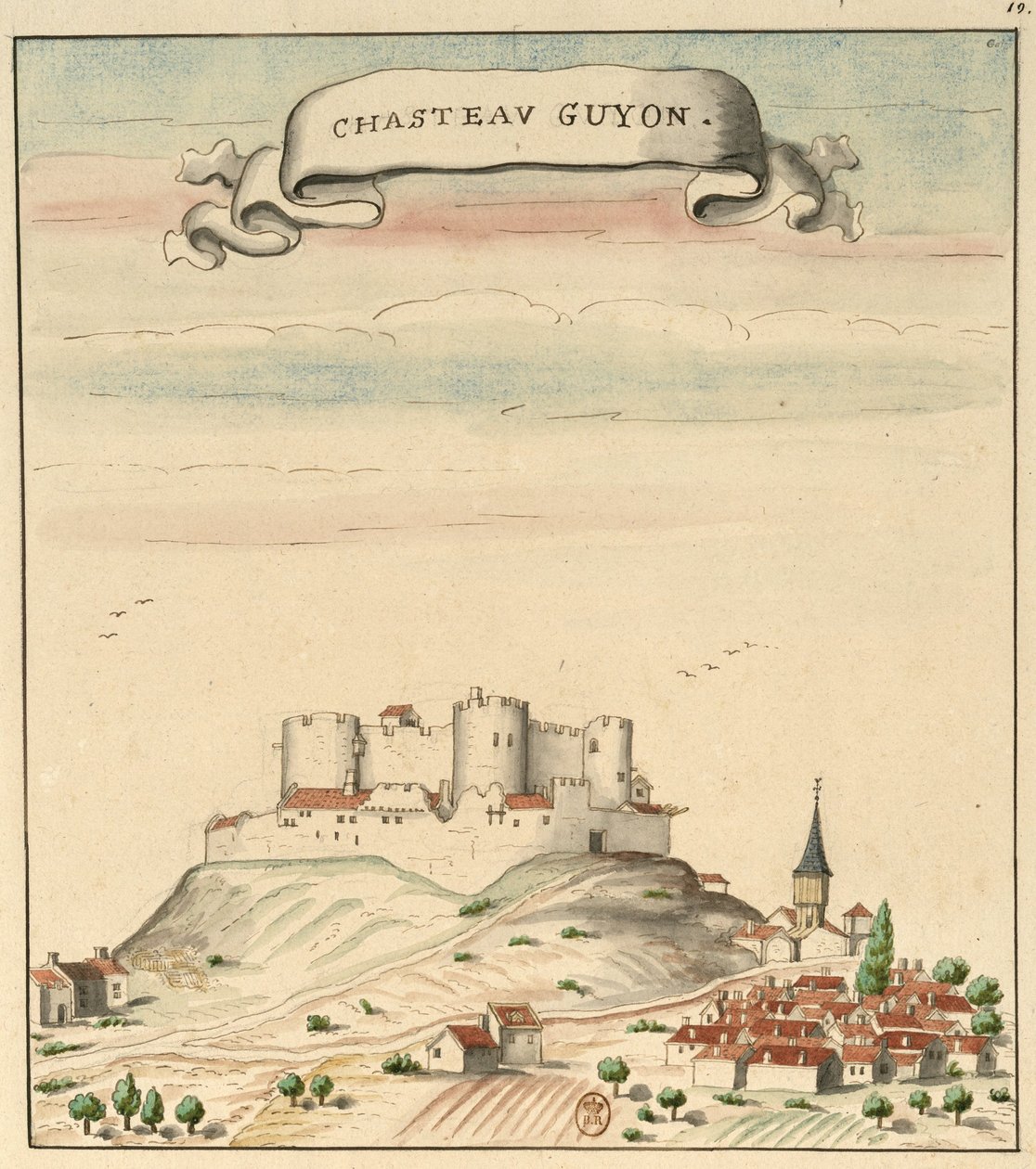 绘画城堡和Châtel-Guyon村庄（约1450年）的灵感来自Guillaume Revel，Auvergne的Armorial，Bourbonois和Forestz 作者 路易斯·布丹