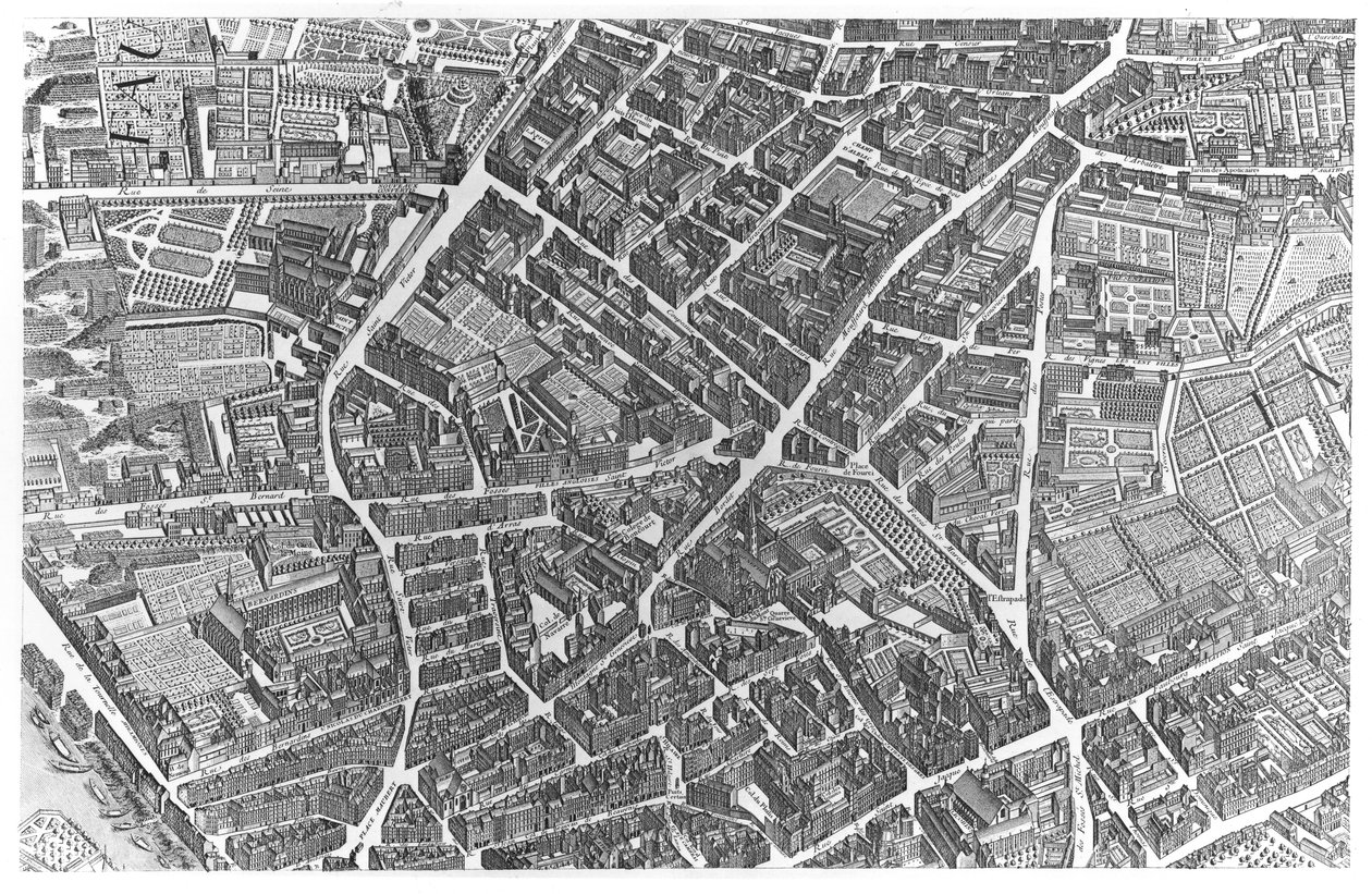 巴黎计划，被称为&39;Plan de Turgot&39;，第7段由Claude Lucas雕刻，1734-39（详细） 作者 路易斯布雷特兹