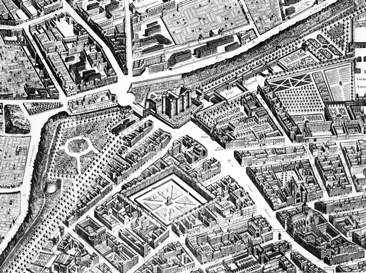 巴士底狱，皇家广场现在的Place des Vosges和Rue Saint-Antoine，详细信息来自巴黎计划，被称为Plan de Turgot，由Claude Lucas雕刻，1734-39雕刻细节233535 作者 路易斯布雷特兹