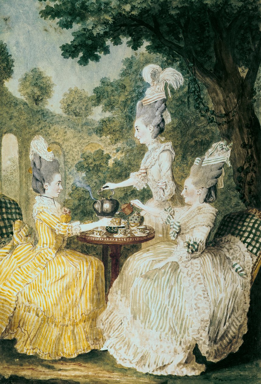 Marquise de Montesson，Marquise de Crest和大马士革伯爵夫人喝茶（纸上水彩） 作者 路易斯·卡罗吉斯·迪·卡蒙泰勒